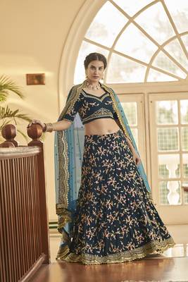 Blue embroidered art silk semi stitched lehenga 2