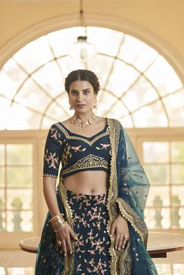 Blue embroidered art silk semi stitched lehenga 4