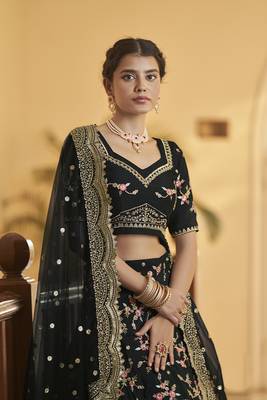 Black embroidered art silk semi stitched lehenga 3