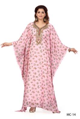 PINK FLORAL PRINTED ZARI WORK CHIFFON POLYESTER ISLAMIC PARTY WEAR  KAFTAN FARASHA ABAYA 1