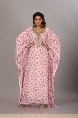 PINK FLORAL PRINTED ZARI WORK CHIFFON POLYESTER ISLAMIC PARTY WEAR  KAFTAN FARASHA ABAYA 2