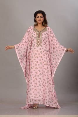 PINK FLORAL PRINTED ZARI WORK CHIFFON POLYESTER ISLAMIC PARTY WEAR  KAFTAN FARASHA ABAYA 3