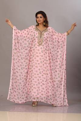 PINK FLORAL PRINTED ZARI WORK CHIFFON POLYESTER ISLAMIC PARTY WEAR  KAFTAN FARASHA ABAYA 4
