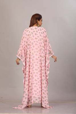PINK FLORAL PRINTED ZARI WORK CHIFFON POLYESTER ISLAMIC PARTY WEAR  KAFTAN FARASHA ABAYA 5