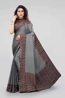 Grey printed chiffon saree with blouse