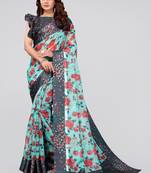 Teal printed cotton saree with blouse