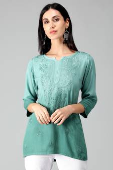 Green embroidered rayon short-kurtis
