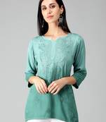 Green embroidered rayon short-kurtis