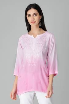 Pink embroidered rayon short-kurtis