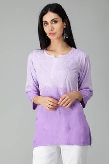 Mauve embroidered rayon short-kurtis