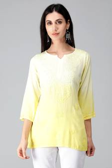 Yellow embroidered rayon short-kurtis