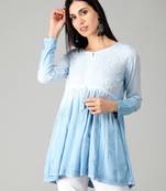 Blue embroidered rayon short-kurtis