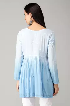 Blue embroidered rayon short-kurtis