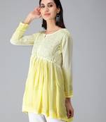 Yellow embroidered rayon short-kurtis