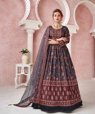 Everywhere Designer Navy Blue Dola silk Gown With Dupatta 1