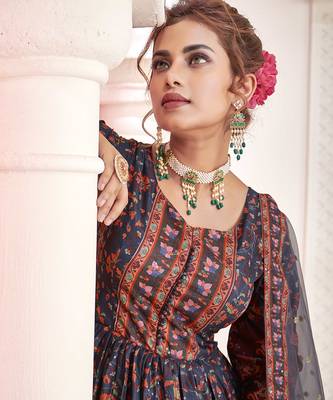 Everywhere Designer Navy Blue Dola silk Gown With Dupatta 3