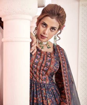 Everywhere Designer Navy Blue Dola silk Gown With Dupatta 4