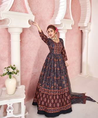 Everywhere Designer Navy Blue Dola silk Gown With Dupatta 5