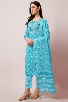 Turquoise floral print cotton salwar