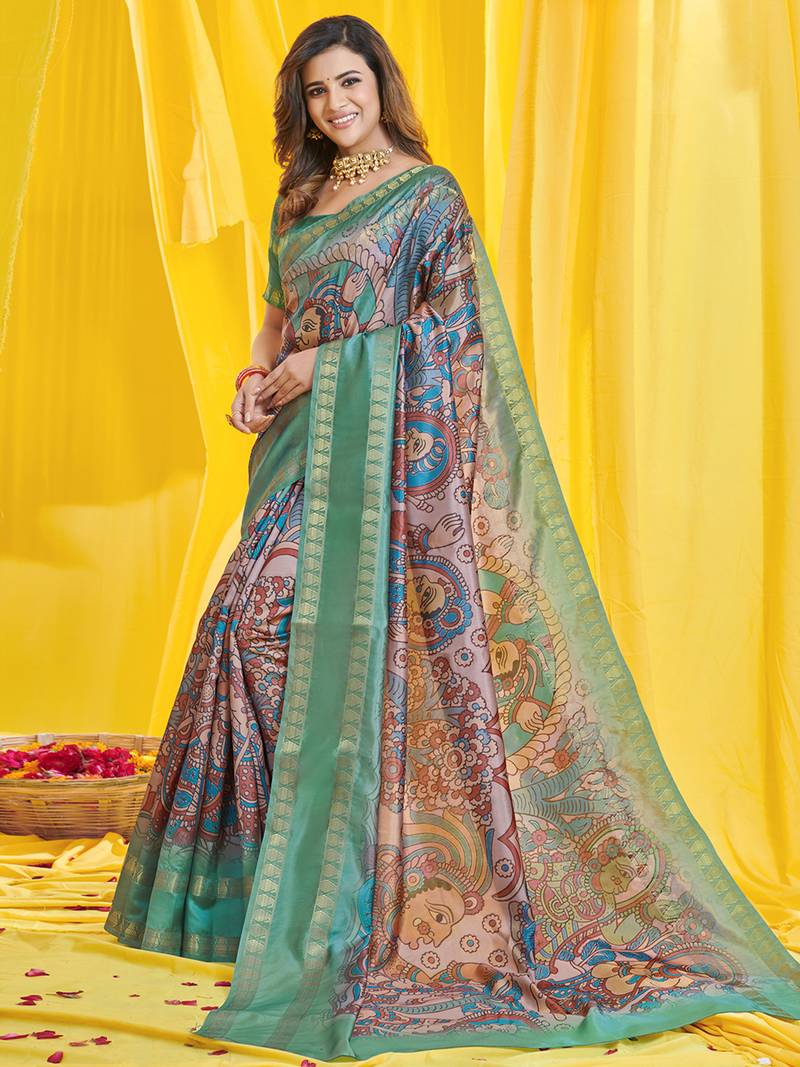 SAREE MALL Women's Dola Silk Cream Digital Print Designer Saree With Blouse Piece