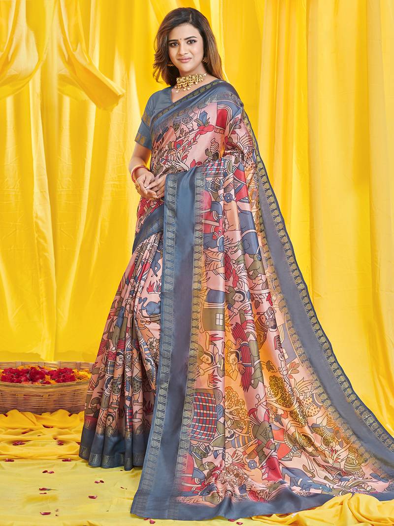 SAREE MALL Women's Dola Silk Cream Digital Print Designer Saree With Blouse Piece