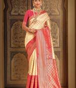 SAREE MALL Women's Silk Blend Cream Woven Design Designer Saree With Blouse Piece