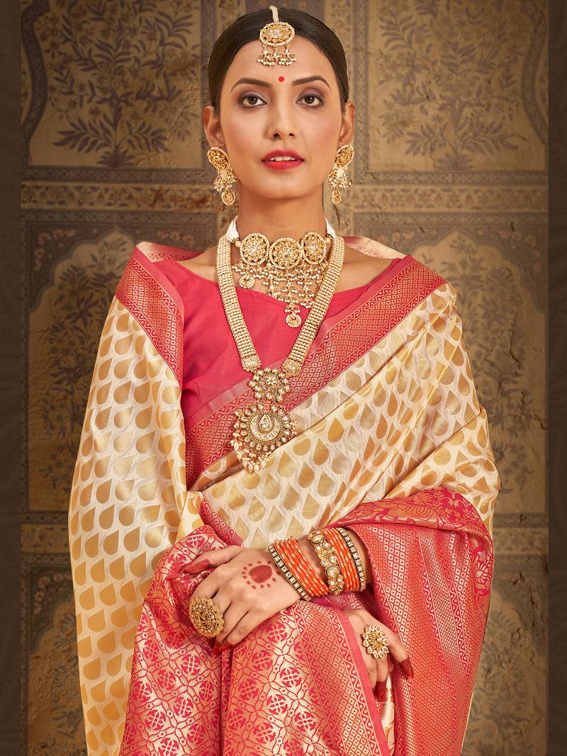 SAREE MALL Women's Silk Blend Cream Woven Design Designer Saree With Blouse Piece