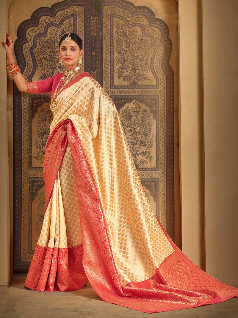 SAREE MALL Women's Silk Blend Cream Woven Design Designer Saree With Blouse Piece