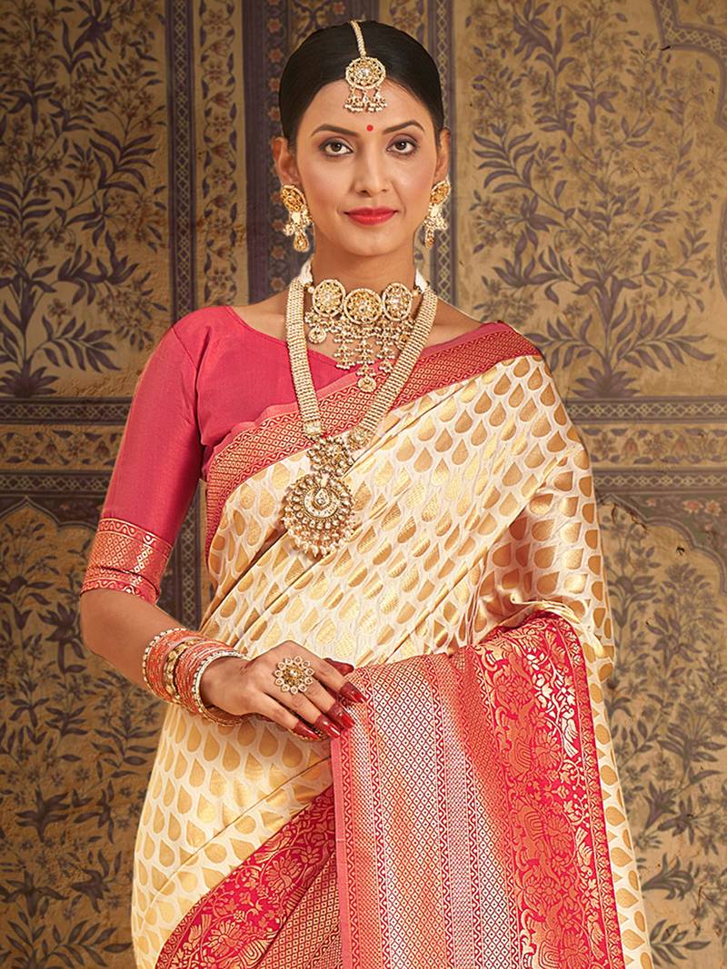SAREE MALL Women's Silk Blend Cream Woven Design Designer Saree With Blouse Piece