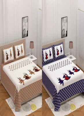 Combo Pack of 2 Jaipuri Dandiya Print Cotton Double Bedsheets With 4 Pillow Covers 1
