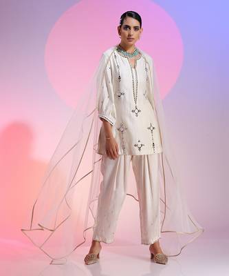 Ivory Mirror Work Short Kurta Ser 1