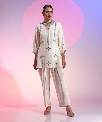 Ivory Mirror Work Short Kurta Ser 2