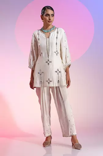 Ivory Mirror Work Short Kurta Ser