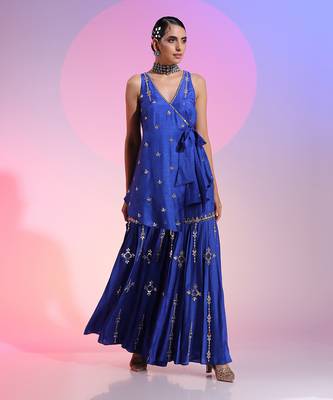 Asymmetric Mirror Work Sharara Set With Knot Detail 2