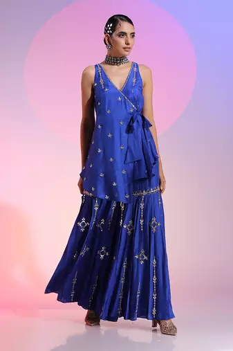 Asymmetric Mirror Work Sharara Set With Knot Detail