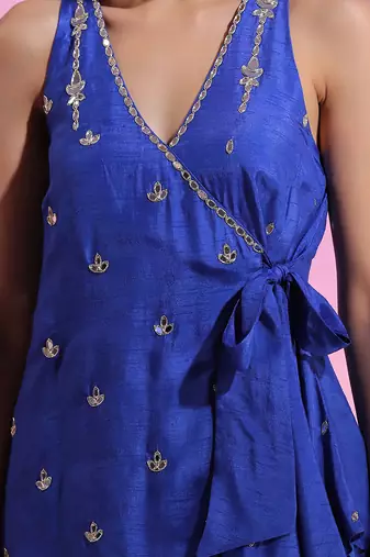 Asymmetric Mirror Work Sharara Set With Knot Detail