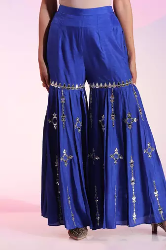 Asymmetric Mirror Work Sharara Set With Knot Detail