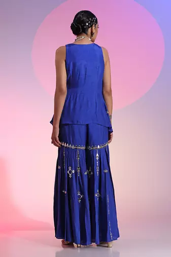 Asymmetric Mirror Work Sharara Set With Knot Detail