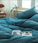 3 Pc Teal Blue Duvet Cover, Washed Cotton Duvet Cover Boho Comforter Set