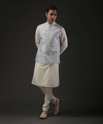 Powder Blue  Embroidered Nehru Jacket 1