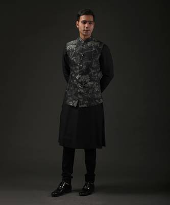 Black Printed Nehru Jacket 1