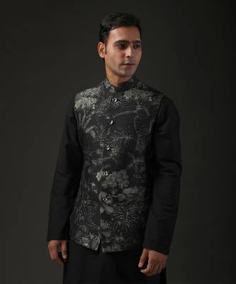 Black Printed Nehru Jacket 3