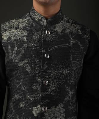 Black Printed Nehru Jacket 4