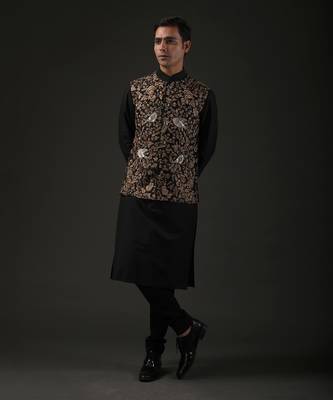 Black Floral Embroidered Neheru Jacket  1