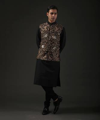 Black Floral Embroidered Neheru Jacket  2