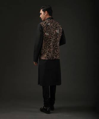 Black Floral Embroidered Neheru Jacket  3