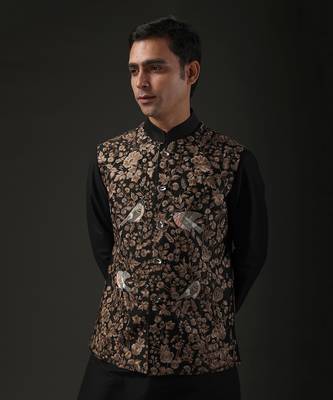 Black Floral Embroidered Neheru Jacket  4