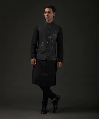 Black Quilted Nehru Jacket  1