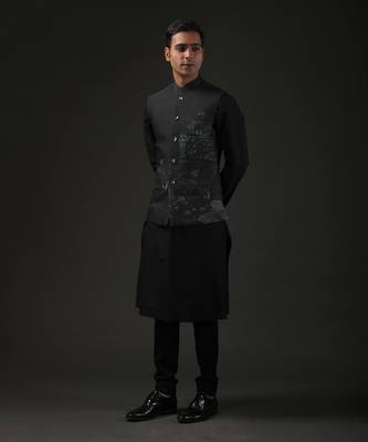 Black Quilted Nehru Jacket  2