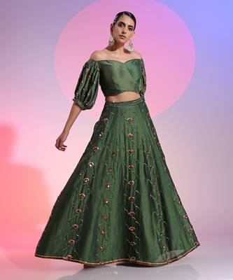 Green Sequin And Mirror Skirt Set With Wrap Blouse 1